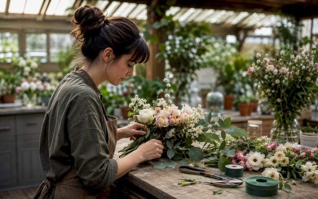 Florist arranging bridal bouquet in studio