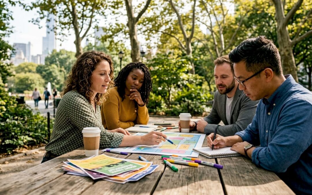 Event planners collaborating on concept blueprint