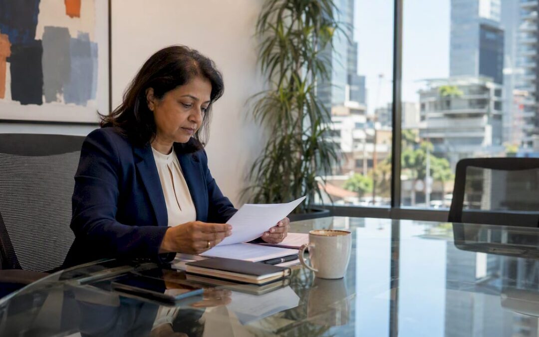 Woman reviewing corporate meeting agenda at desk