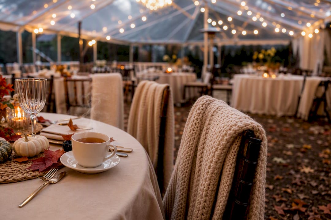 Covered heated outdoor bridal shower table setting at dusk