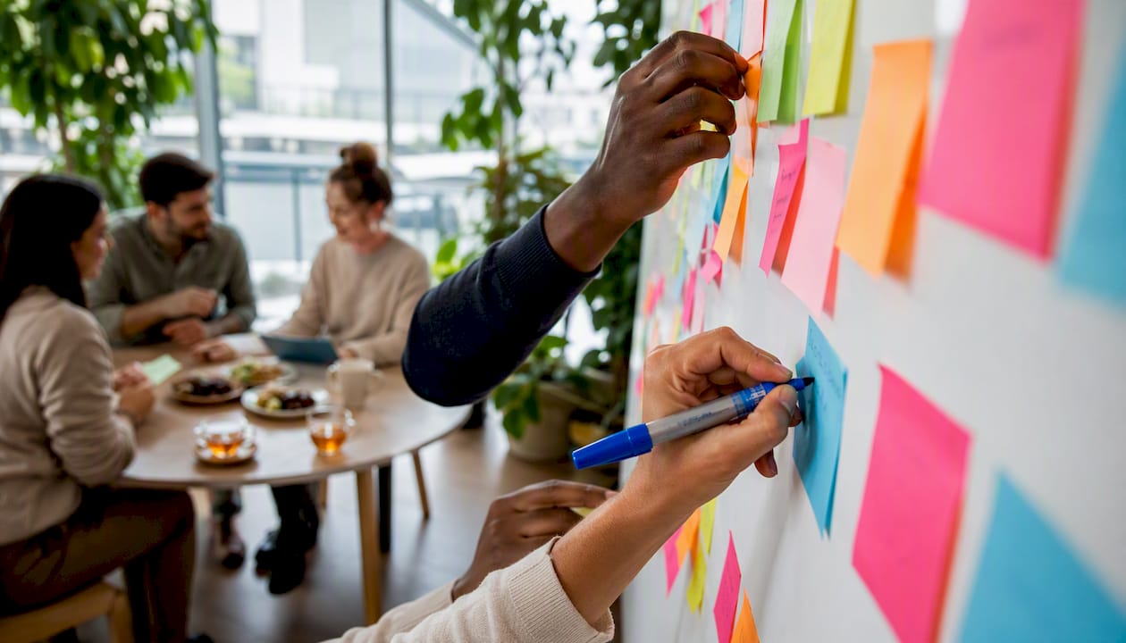 Hands adding pledges to meeting sustainability wall