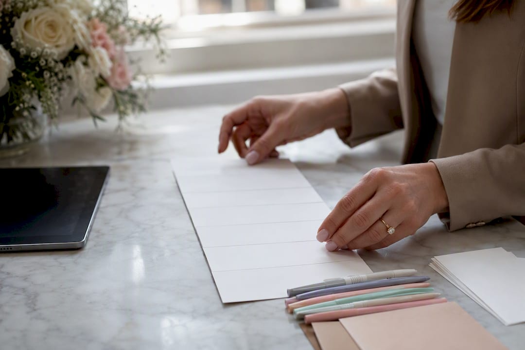 Wedding planner arranging timeline cards