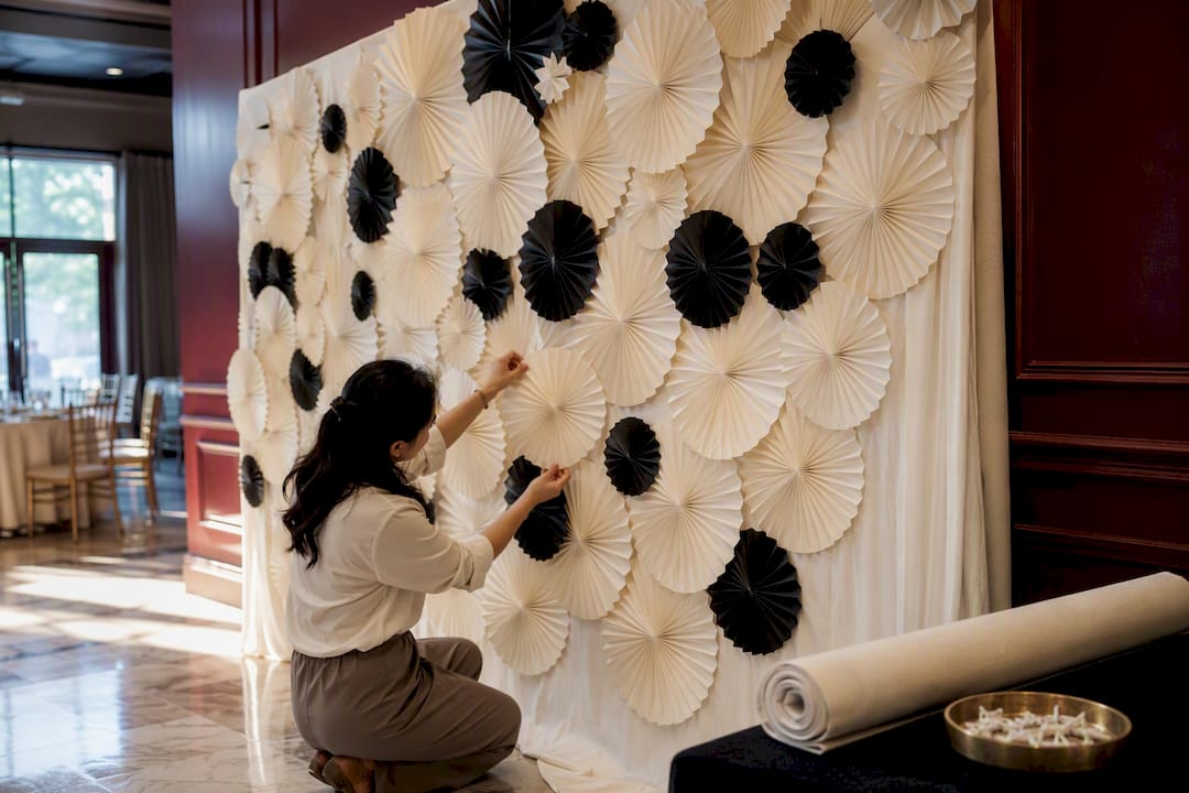 Layered paper fan wall for wedding photos