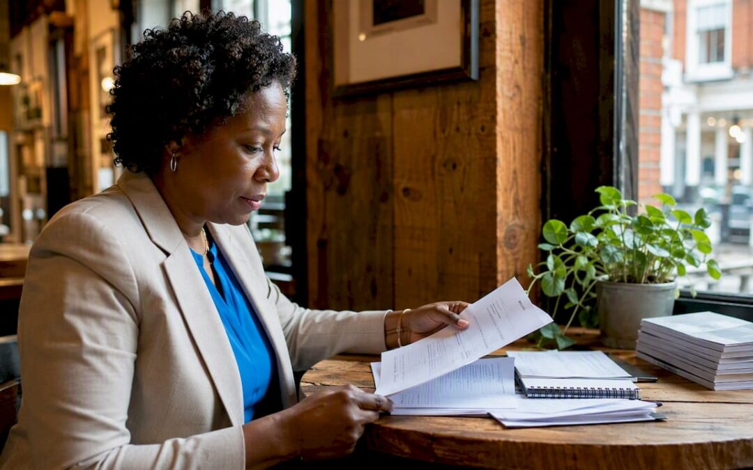 Event coordinator reviewing checklist at desk