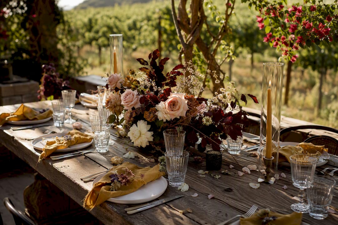 Floral arrangement with sage green and coral tones