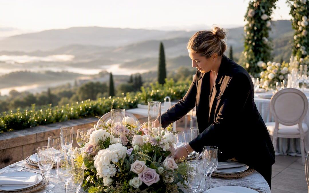 Wedding planner adjusting floral centerpiece