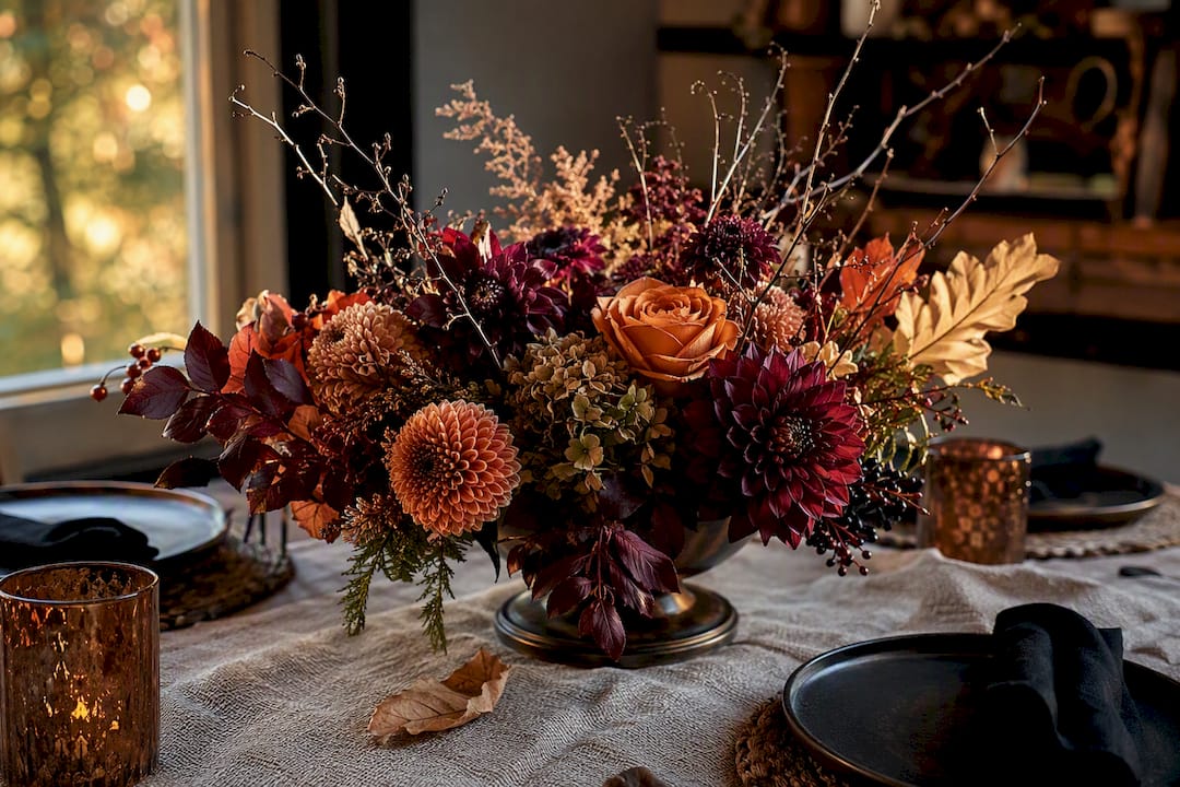 Fall bridal shower table centerpiece and linens close-up