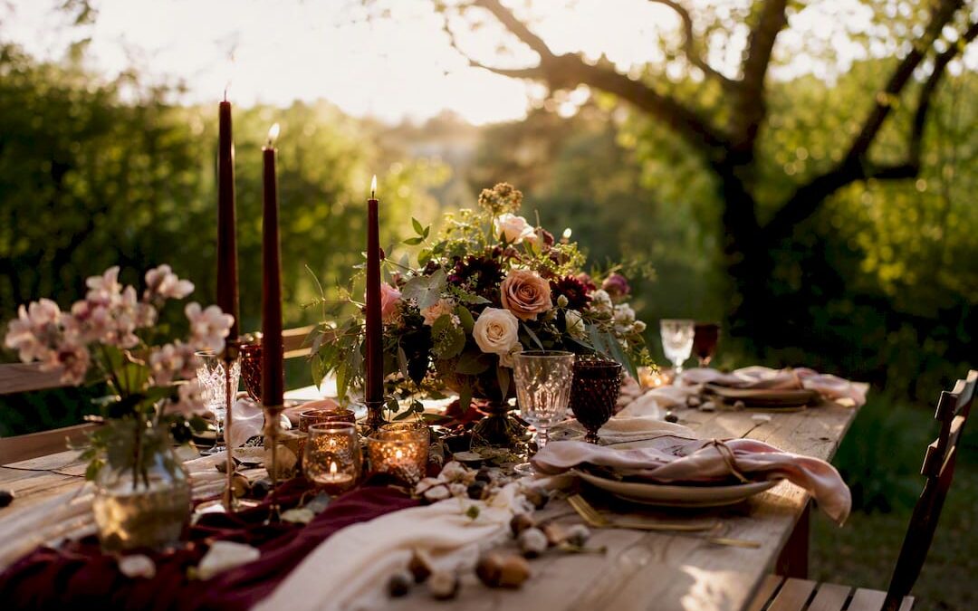 Fall bridal shower with dried grass backdrop and elegant decor