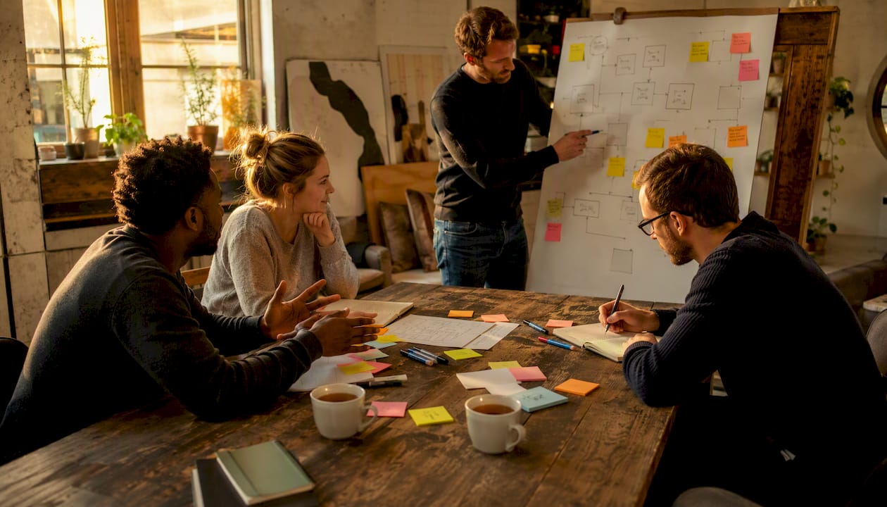 Team collaborating in AI workshop session