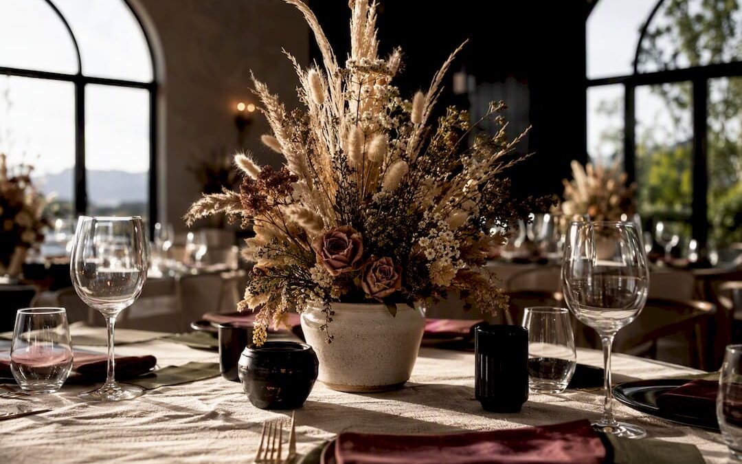 Dried flower wedding centrepiece on elegant table