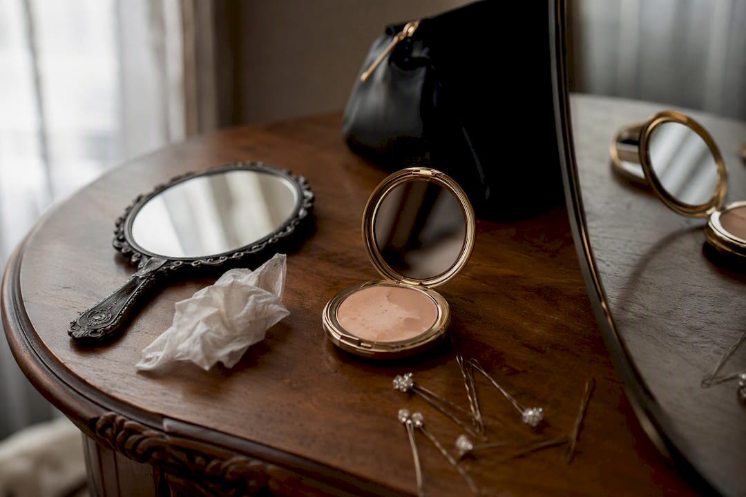 Wedding grooming touch-up kit on vanity