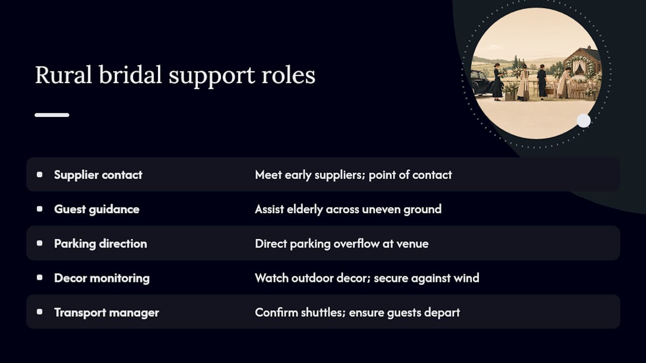 Five bridal party support roles for rural weddings