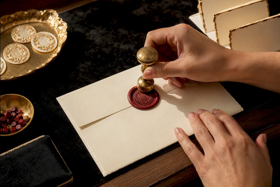 Wax seal and gilded wedding stationery