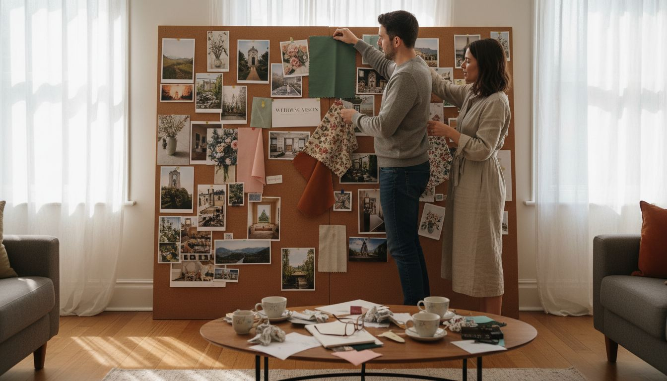 Couple creating wedding mood board together