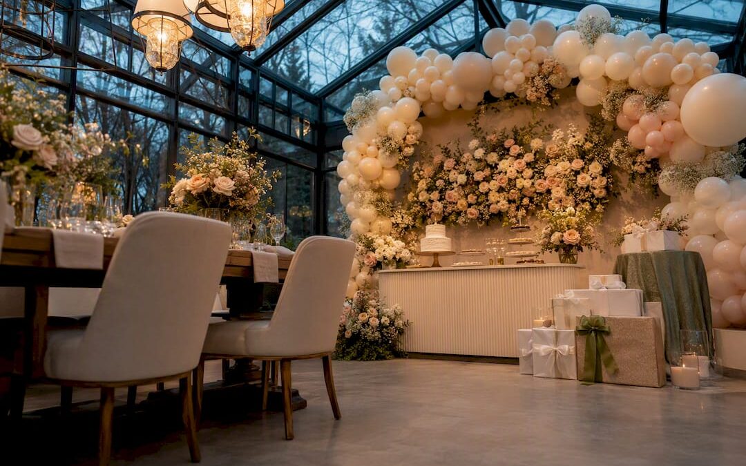 Elegant wedding shower with balloon garland