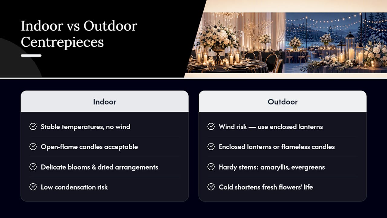 Indoor versus outdoor winter centerpiece choices