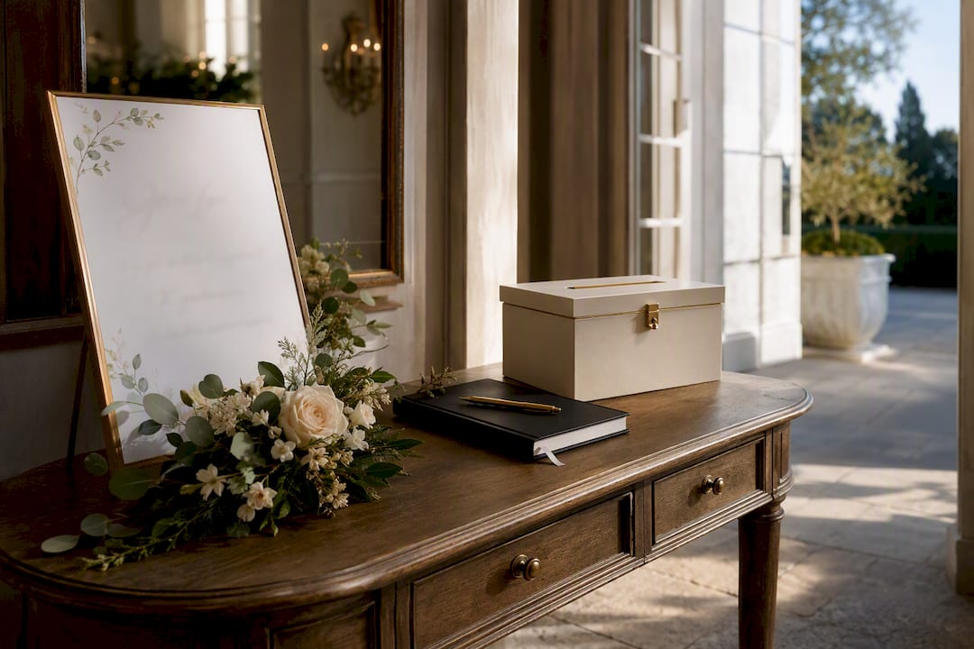 Wedding shower welcome table with flowers