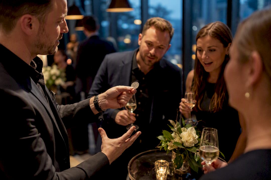 Magician entertaining guests at cocktail reception