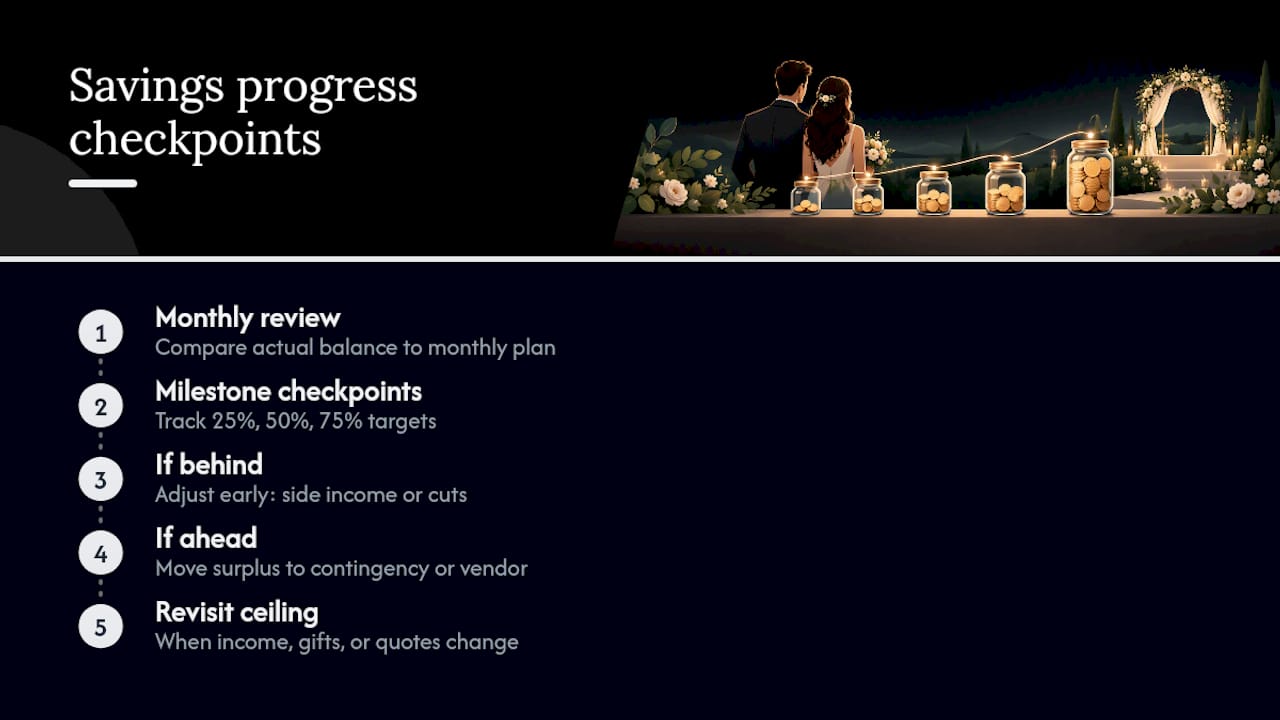 Wedding savings timeline with milestone checkpoints