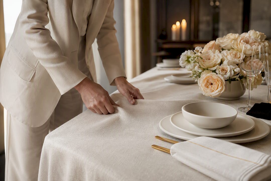 Quiet luxury wedding linen and roses