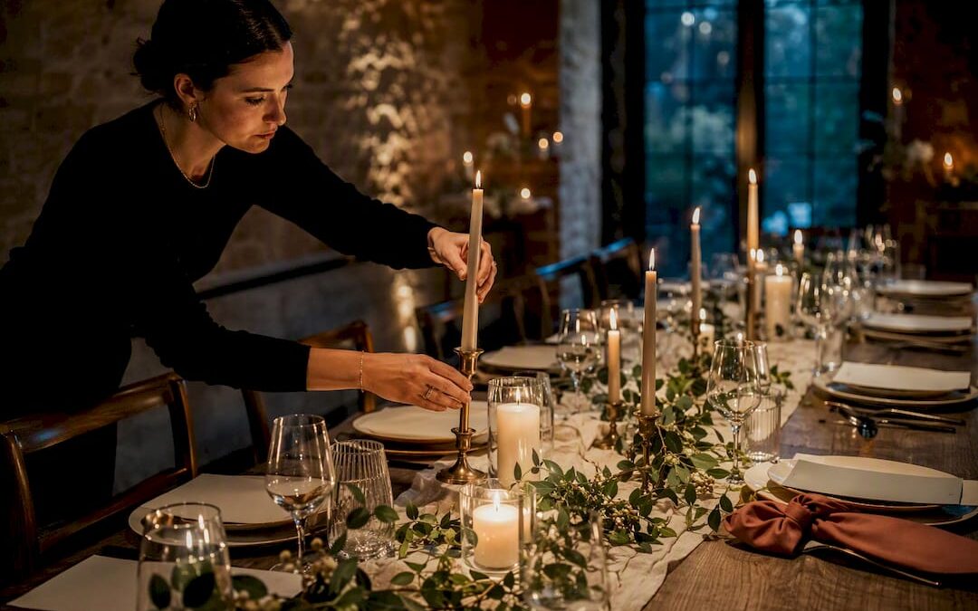 Stylist placing candles on luxe dinner table