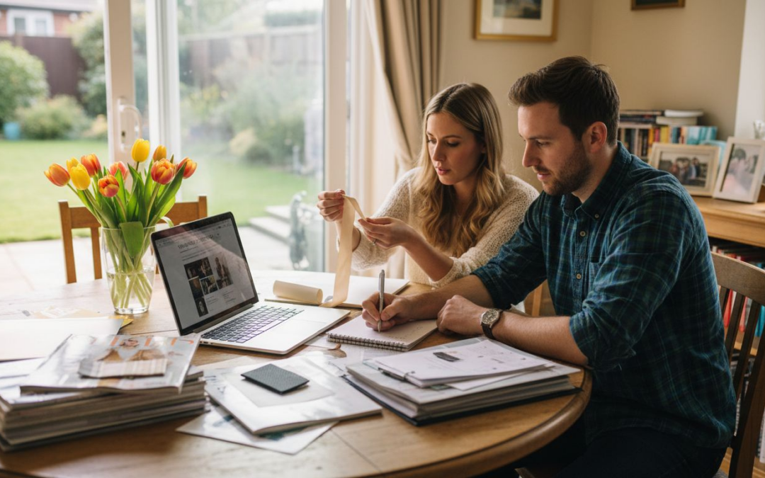 Couple planning wedding at kitchen table