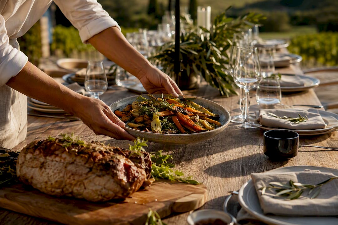 Shared platter dinner at country wedding