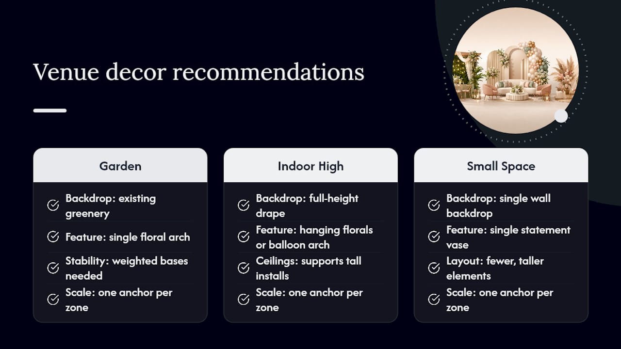 Decor adaptations for three venue types