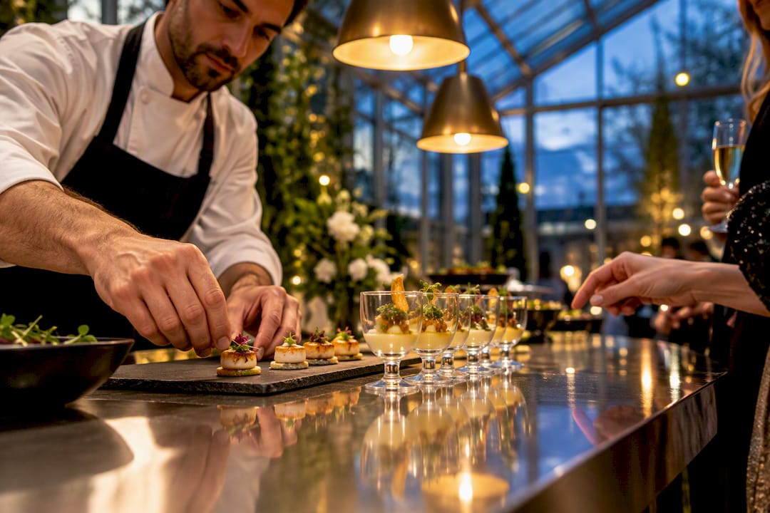 Chef plating samples at a tasting station
