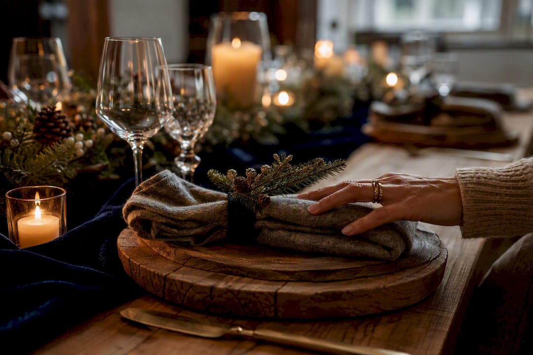 Velvet wool and wood winter tablescape